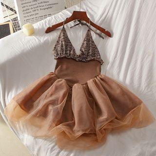 Halter Lettering Mesh Panel A-line Dress