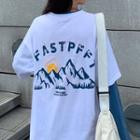 Long-sleeve Mock Two-piece Mountain Print T-shirt