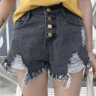 Buttoned Ripped Denim Shorts