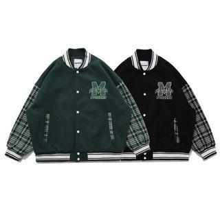 Lettering Plaid Panel Baseball Jacket