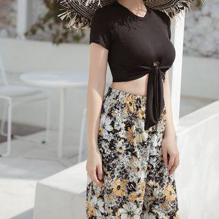 Set: Short-sleeve Swim Top + Bottom + Floral Print Pants