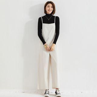 Spaghetti-strap Plain Wide-leg Jumper Pants Beige - One Size