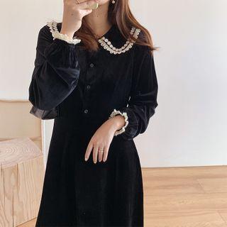 Crochet Trim Long-sleeve Velvet Midi A-line Dress