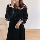 Crochet Trim Long-sleeve Velvet Midi A-line Dress