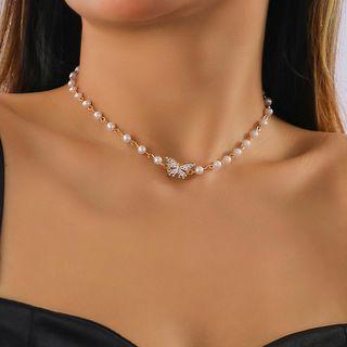 Butterfly Rhinestone Faux Pearl Alloy Choker Gold - One Size