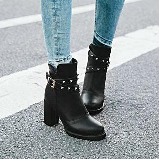 Chunky Heel Studded Belted Short Boots