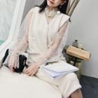 Long-sleeve Lace Top / Knit Vest / Midi Knit Skirt / Set