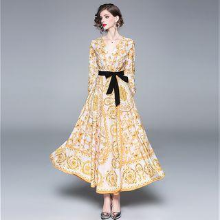 Long-sleeve Baroque Print Maxi A-line Dress