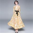 Long-sleeve Baroque Print Maxi A-line Dress