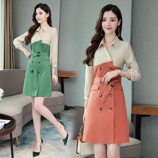 3/4-sleeve Double-breasted Two-tone Shirtdress