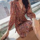 Long-sleeve Floral Pattern Mini A-line Dress