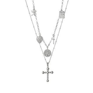 Cross & Heart Pendant Stainless Steel Layered Necklace 1pc - Silver - One Size