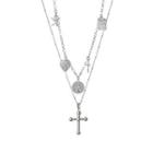 Cross & Heart Pendant Stainless Steel Layered Necklace 1pc - Silver - One Size