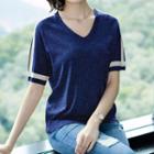 V-neck Short-sleeve Glitter Knit Top