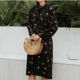 Long-sleeve Stand-collar Floral Dress