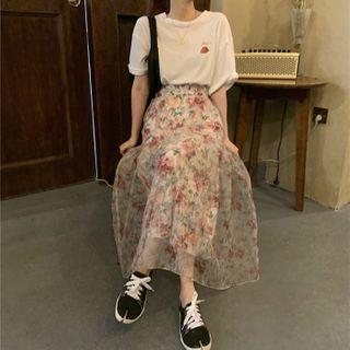 Floral Print Midi A-line Mesh Skirt
