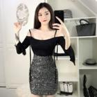 Set: Off-shoulder Long-sleeve Top + Sequined Mini Skirt