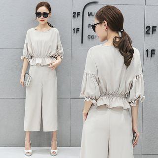 Set: Gathered-waist 3/4-sleeve Top + Wide Leg Pants