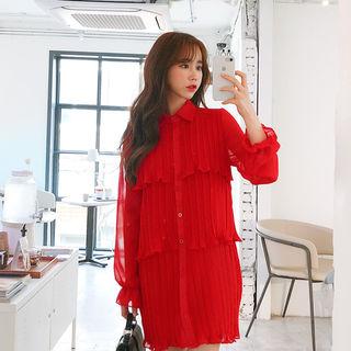 Pleated Layered Chiffon Shirtdress