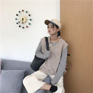 Striped Long-sleeve T-shirt / Plain Loose-fit V-neck Vest