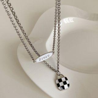 Set Of 2: Checkerboard Pendant Necklace + Letter Pendant Necklace Black & White & Silver - One Size