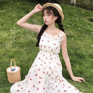 Spaghetti Strap Strawberry Print Frill Trim Chiffon A-line Midi Dress As Shown In Figure - One Size