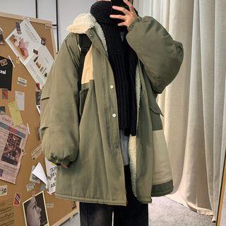 Color-block Fleece-lined Long Jacket