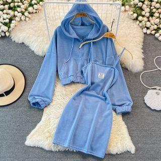 Set: Hooded Zip Jacket + Spaghetti Strap Applique Mini Sheath Dress