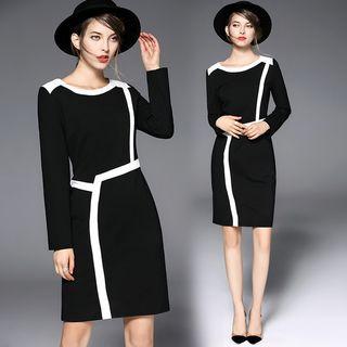 Long-sleeved Color-block Crewneck Plain Slim Sheath Dress