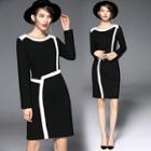 Long-sleeved Color-block Crewneck Plain Slim Sheath Dress