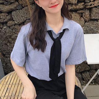 Short-sleeve Polo Shirt With Neck Tie