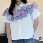 Elbow-sleeve Bow Accent Shirt