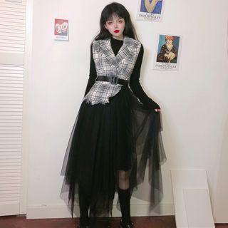 Long-sleeve Plain Top / Sleeveless Plaid Sheer Panel Dress