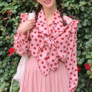 Heart Print Frill Trim Blouse / Dotted Midi Pleated Skirt