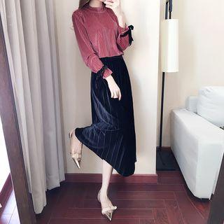 Set: Long-sleeve Velvet Top + Pleated Midi Skirt