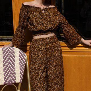 Set:3/4-sleeve Floral Print Top + Pants