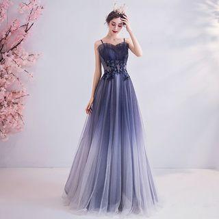 Spaghetti Strap Rhinestone Floral A-line Evening Gown