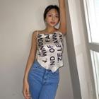 Sleeveless Tie-back Letter Satin Top Beige - One Size