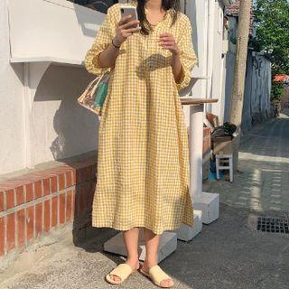 Gingham Midi A-line Dress Yellow - One Size