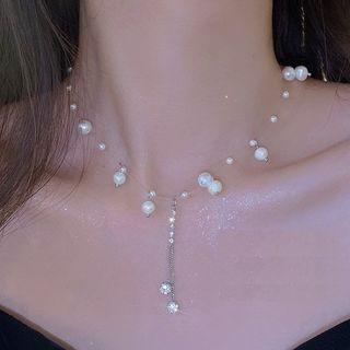 Flower Freshwater Pearl Rhinestone Alloy Necklace A3781 - 1pc - Silver & White - One Size