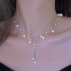 Flower Freshwater Pearl Rhinestone Alloy Necklace A3781 - 1pc - Silver & White - One Size