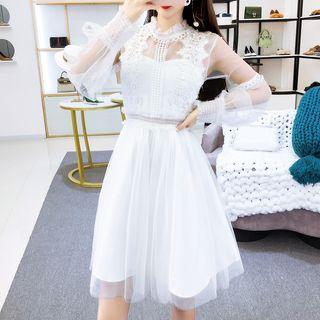Mesh Panel Lace Trim Long-sleeve A-line Dress