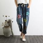 Flower Embroidered Distressed Cropped Harem Jeans