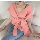 V-neck Tie-waist Short-sleeve Knit Top