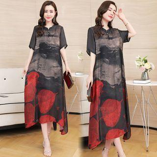 Elbow-sleeve Mandarin Collar Printed Midi A-line Dress