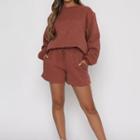 Set: Lettering Long-sleeve Sweatshirt + Drawstring Wide-leg Shorts