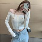 Long-sleeve Off-shoulder Zip Knit Top White - One Size