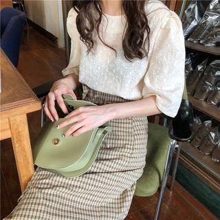 Elbow-sleeve Perforated Top / Plaid Midi Skirt