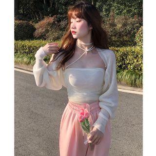 Choker-neck Asymmetrical Camisole Top / Shrug / Wide Leg Pants