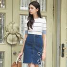 Flower Applique A-line Denim Skirt
